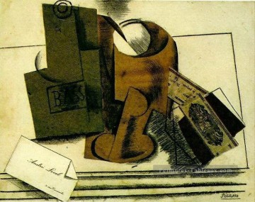 Bouteille Bass verre paquet tabac carte visite 1913 cubisme Pablo Picasso Peinture à l'huile